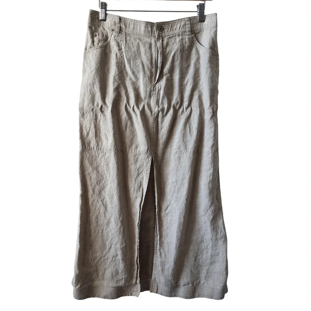 Nicole Miller New York L 100%‎ Linen Maxi Skirt front Slit Eco Coastal Vacation